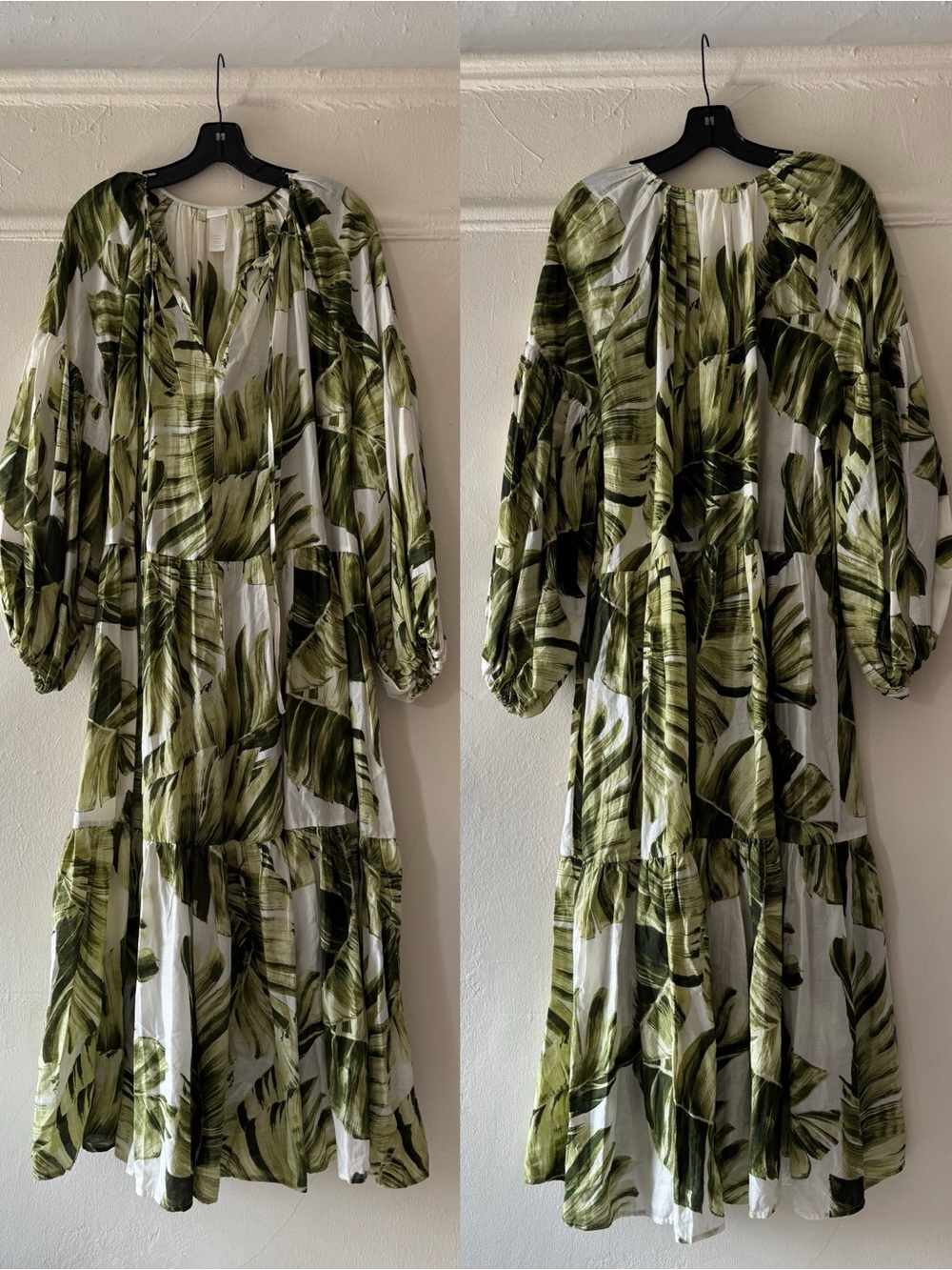 H&M Green Palm Print Tiered Maxi Dress